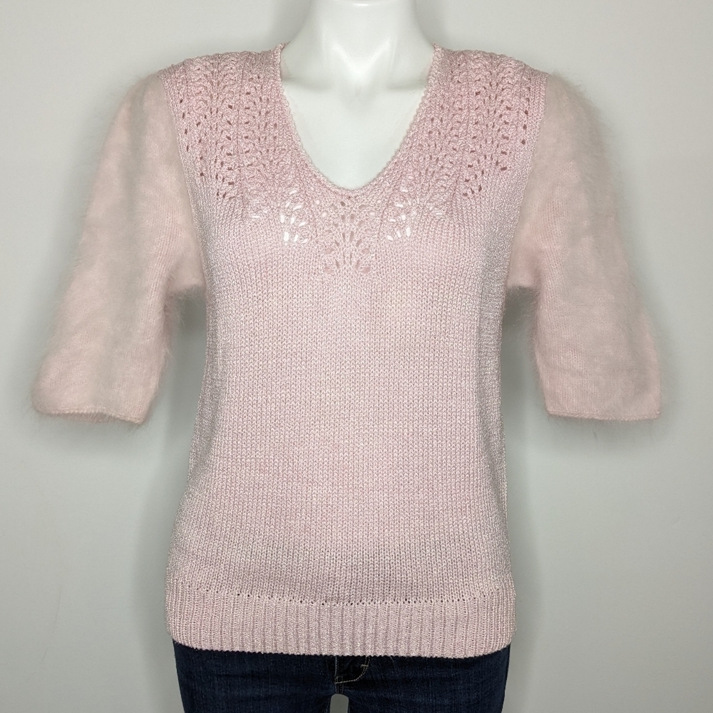 Vintage Christine Phillipe pink sparkle angora blend 1/2 sleeve sweater L